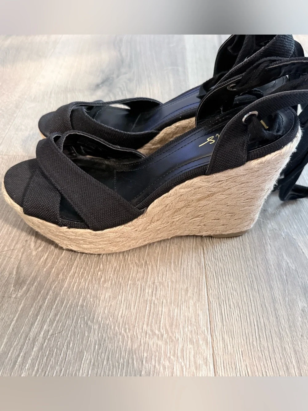 Lulu's Black Canvas Espadrille Wedge Sandals with Ankle Wrap